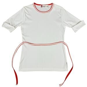 Vintage 70s Japan Import White Red Trim Belted Polyester Top Blouse Mod Disco M